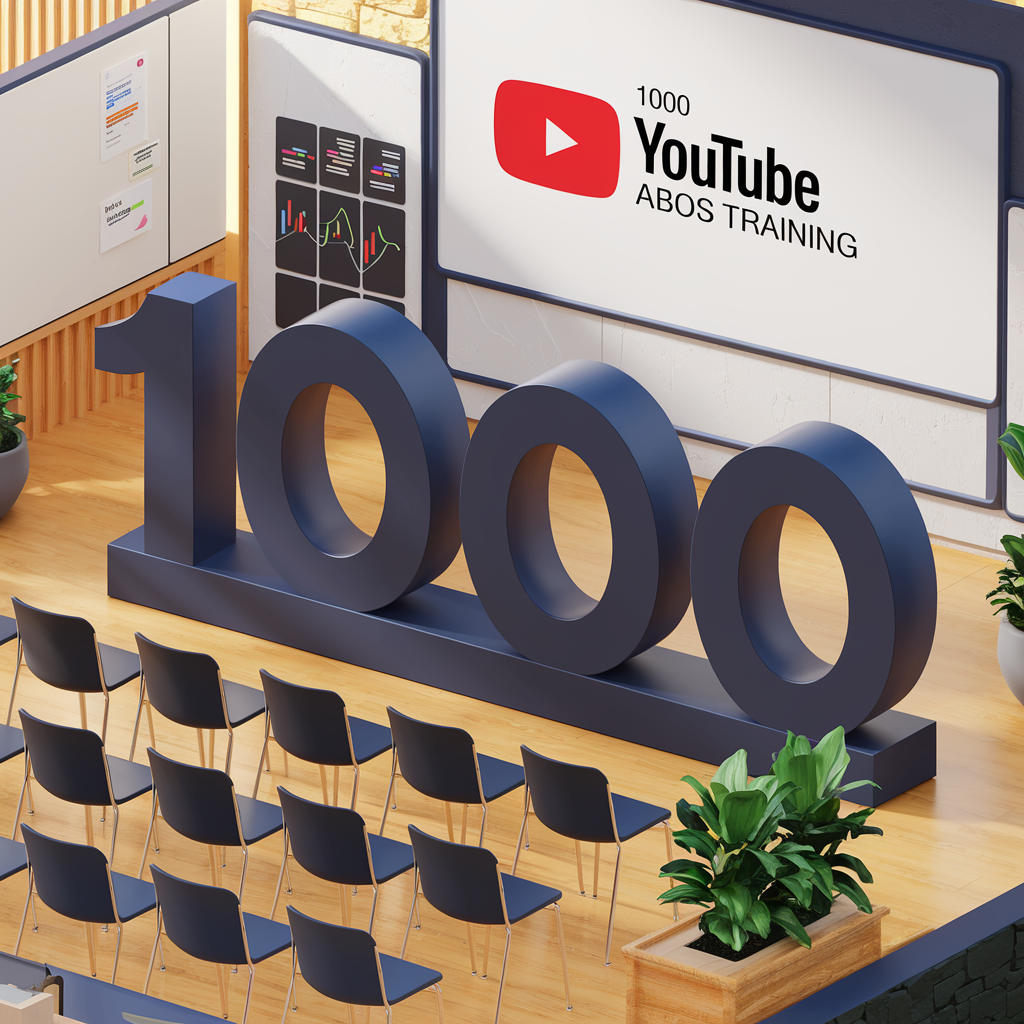 Schulungsraum mit großer 1000-Skulptur und Leinwand für YouTube Abos Training.