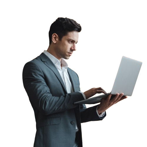 Mann im Anzug arbeitet am Laptop, professionelles Online-Arbeiten, digitales Business, Online-Marketing, selbstständig arbeiten, mobiles Arbeiten, Business im Homeoffice.