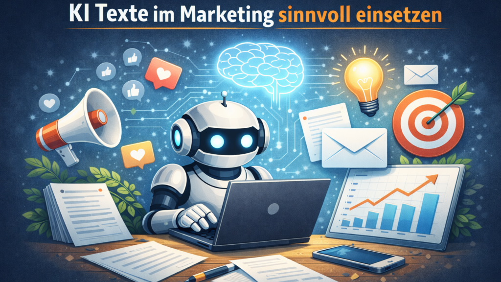 Illustration eines freundlichen Roboters, der an einem Laptop arbeitet und KI-gestützte Marketingtexte erstellt. Um ihn herum befinden sich Symbole für Online-Marketing wie Megafon, Zielscheibe, Diagramm, E-Mail und Social-Media-Icons. Über dem Roboter schwebt ein leuchtendes digitales Gehirn als Symbol für künstliche Intelligenz. Im oberen Bereich steht der Titel „KI Texte im Marketing sinnvoll einsetzen“.