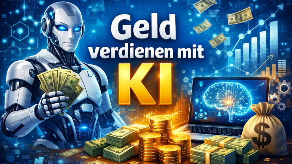 Roboter mit Geld und Laptop zeigt Geld verdienen mit KI, Online Business und Künstliche Intelligenz