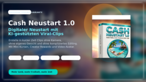 Modernes Titelbild zu Cash Neustart 1.0 mit Produktbox, KI-gestützten Viral-Clips, Mini-Kursen, Video-Avatar und dem Slogan „Mehr Geld, mehr Freiheit, mehr Zeit“