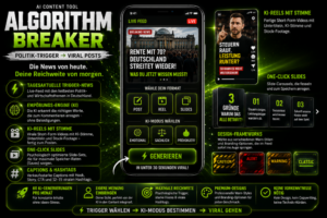 Infografik zum Algorithm Breaker mit Smartphone-Dashboard, KI-Reels, One-Click-Slides, tagesaktuellen Trigger-News, Captions, Hashtags und Funktionen für mehr Instagram-Reichweite
