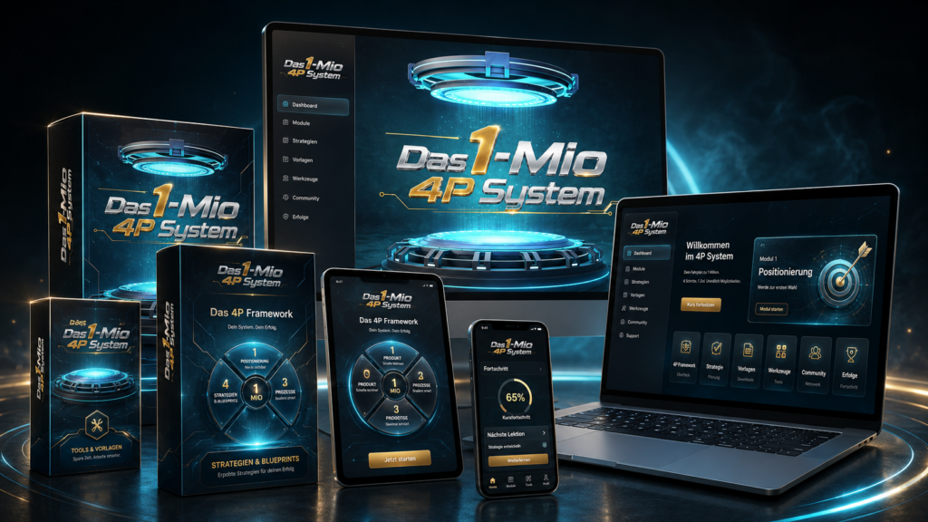 Mockup des 1-Mio 4P-Systems mit Laptop, Tablet, Smartphone und Produktboxen für Affiliate-Marketing Mockup des 1-Mio 4P-Systems mit Laptop, Tablet, Smartphone und Produktboxen für Affiliate-Marketing
