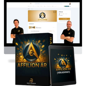 Affilionär Onlinekurs mit Daniel und Fabian neben Produktbox, Tablet und Laptop-Mock-up auf weißem Hintergrund.
