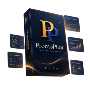 PromoPilot KI Marketing Studio als digitale Produktbox mit Analyse, Content Planung und Kampagnenübersicht. PromoPilot Erfahrungen: KI Marketing Tool im Test