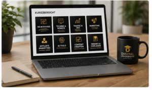 Digital University Erfahrungen: Kursübersicht mit Onlinekursen zu Affiliate Marketing, SEO, KI Tools und Website-Erstellung. Arbeitsplatz für den Aufbau eines Online Business mit Laptop und Analysewerkzeugen.