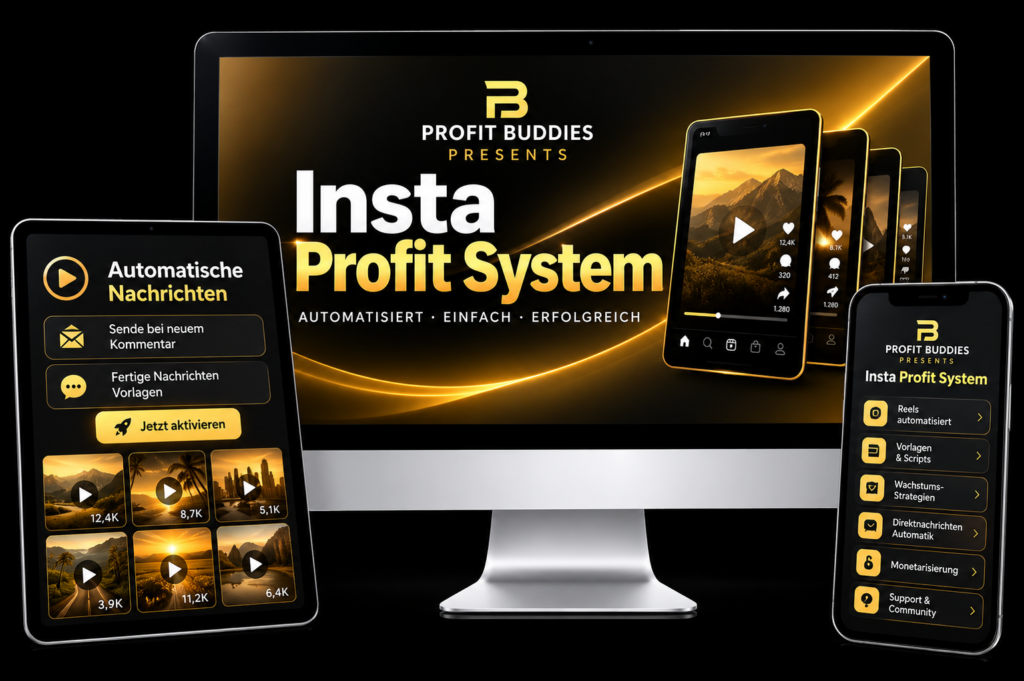 Insta Profit System mit automatisierten Reels, Nachrichten und Social Media Funktionen auf Laptop, Tablet und Smartphone Insta Profit System mit automatisierten Reels, Nachrichten und Social Media Funktionen auf Laptop, Tablet und Smartphone