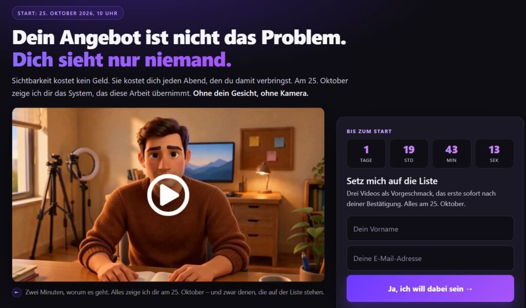 Landingpage zur Anmeldung für ein kostenloses Videoangebot über den Aufbau von Online Sichtbarkeit ohne eigenes Gesicht und ohne Kamera. Animierte Person sitzt vor einer Kamera am Schreibtisch. Landingpage zum Thema Sichtbarkeit ohne Kamera mit Video, Countdown und Anmeldeformular.