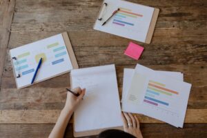 Affiliate Klicks analysieren anhand ausgedruckter Diagramme und handschriftlicher Notizen