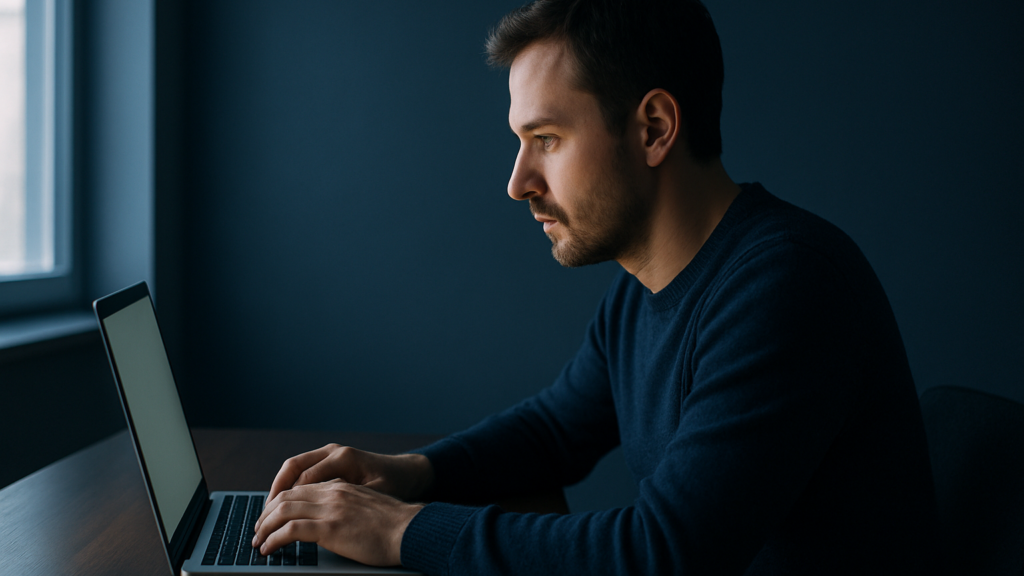 Person arbeitet konzentriert in einem temporären Chat